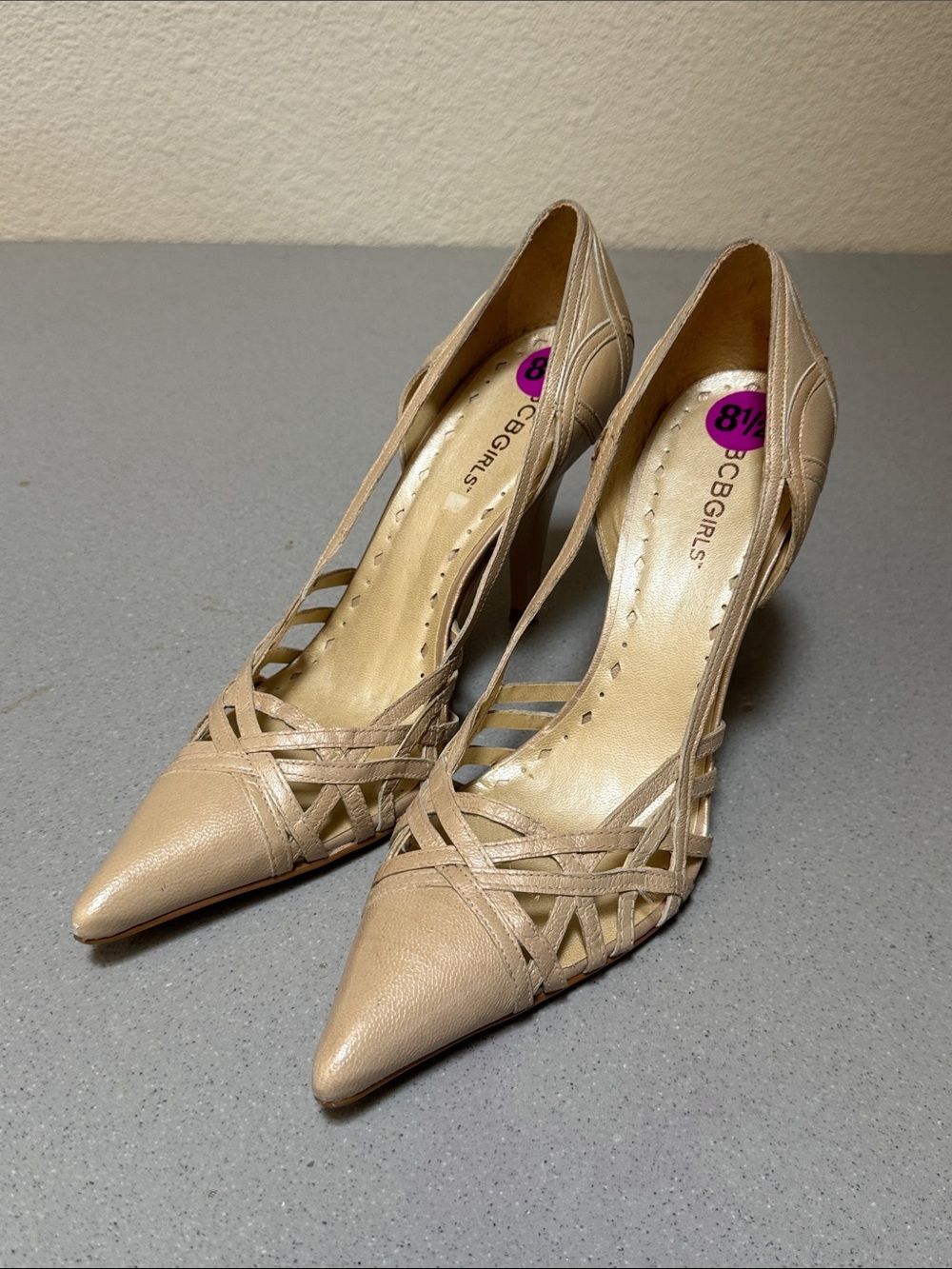 BCBGirls Beige Pointed-Toe Strappy Pumps